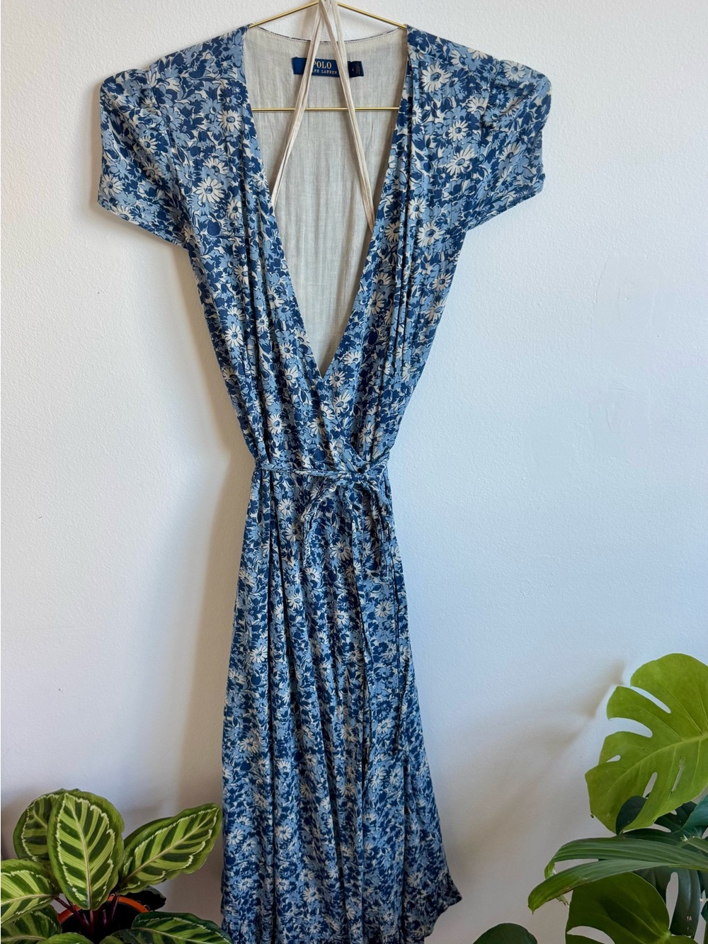 Ralph Lauren Blue and White Floral Wrap Midi Dress